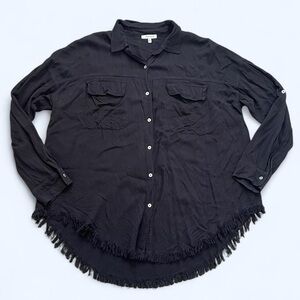 White Birch Small Relaxed Fit Black 100% Cotton Button-up Shirt Raw Fringe Hem